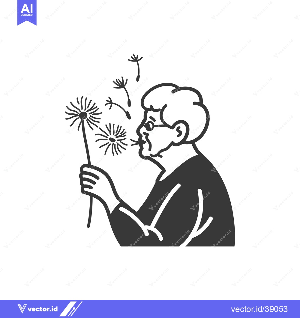 Premium Vector of Elderly Woman Blowing on a Dandelion with Seeds Dispersing