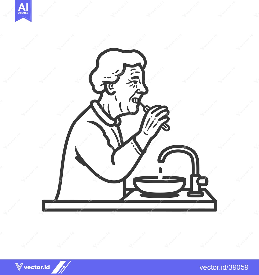 Premium Vector dari Elderly Woman Brushing Teeth at Sink