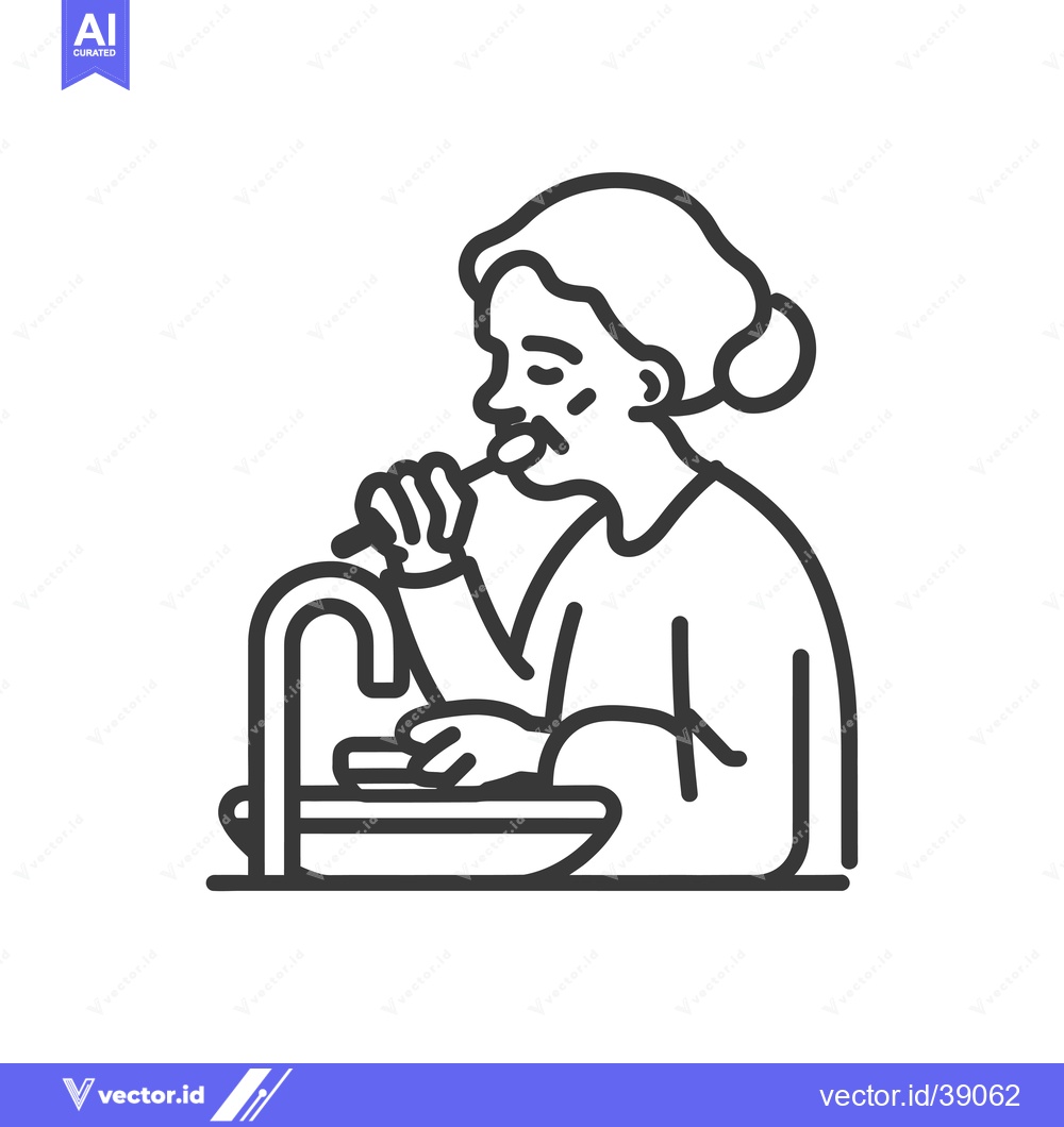 Premium Vector of Elderly Woman Brushing Teeth in Front of Sink