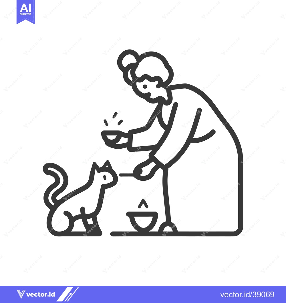 Premium Vector dari Elderly Woman Feeding a Cat from a Bowl
