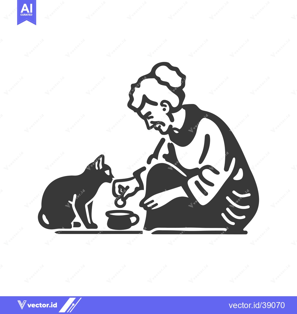 Premium Vector dari Elderly Woman Feeding a Cat from a Bowl