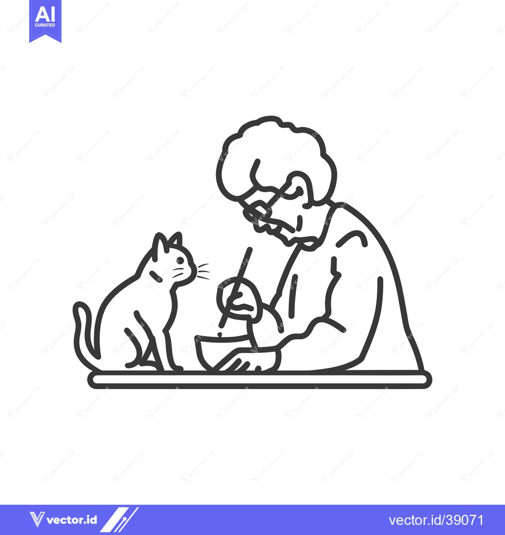 Premium Vector dari Elderly Woman Feeding Cat with Chopsticks at Table