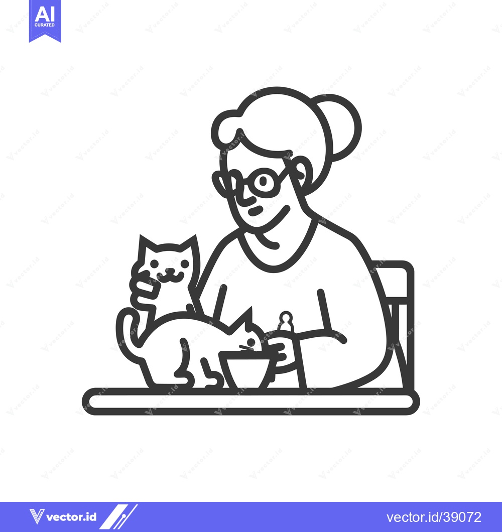 Premium Vector dari Elderly Woman Feeding Two Cats at a Table