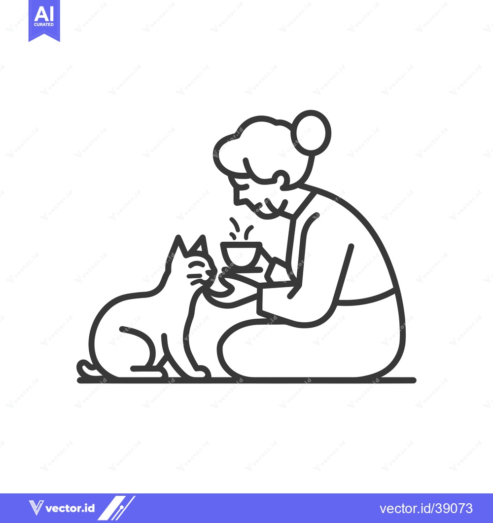 Premium Vector of Elderly Woman Holding a Cup and Petting a Cat