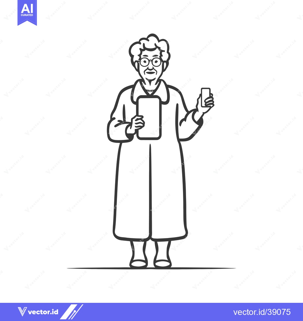 Premium Vector of Elderly Woman Holding a Smartphone and a Tablet