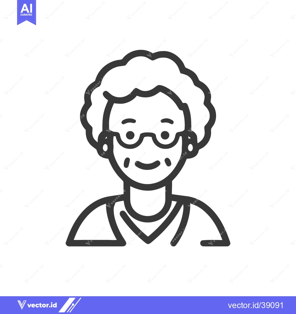Premium Vector of Minimalist Icon of Smiling Elderly Woman with Glasses and Curly Hair