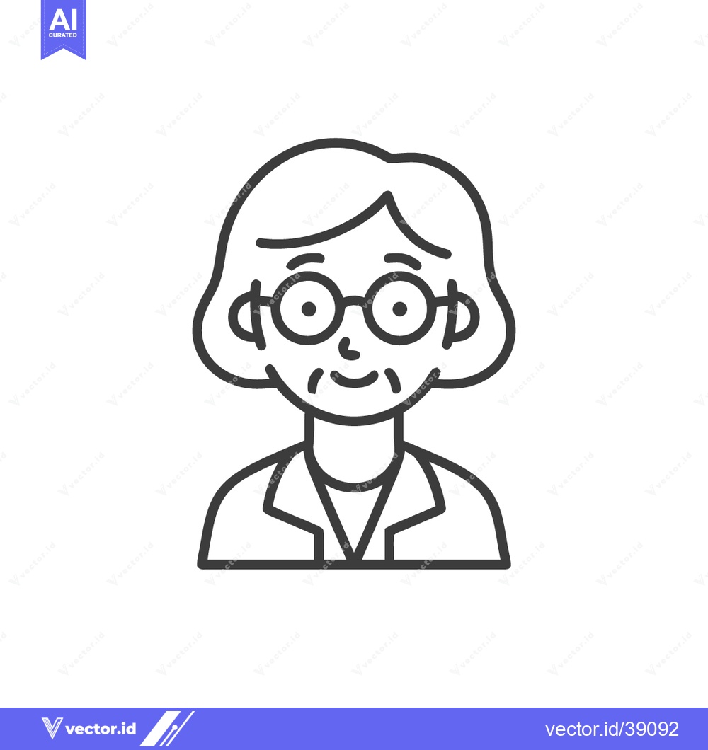 Premium Vector dari Line Art Portrait: Smiling Elderly Woman with Round Glasses and Bob Ha