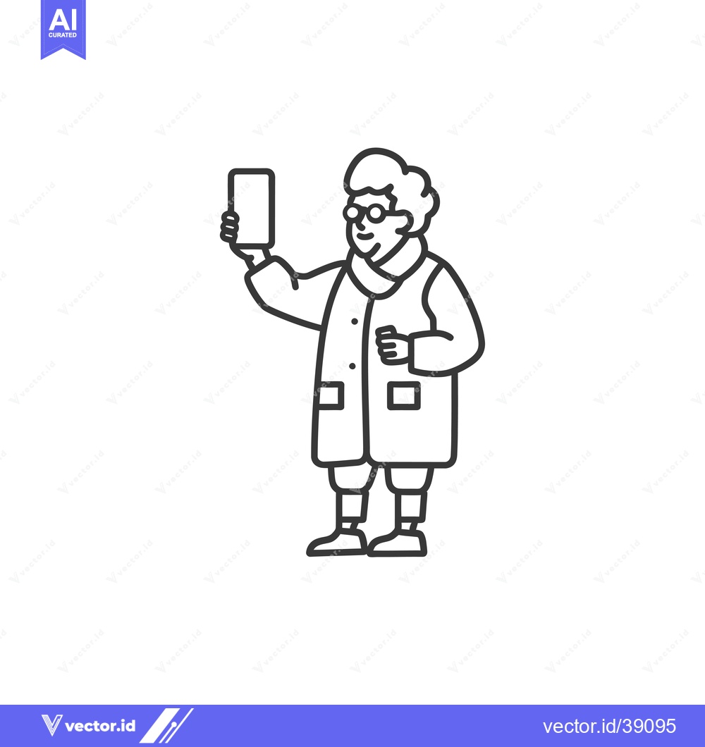 Premium Vector of Elderly Woman in Coat Holding Up a Smartphone
