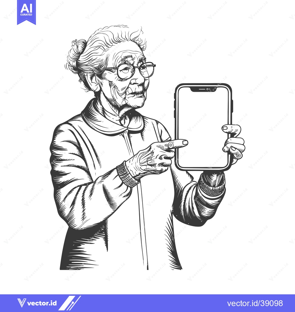 Premium Vector dari Elderly Woman in Glasses Holding a Smartphone and Pointing at it