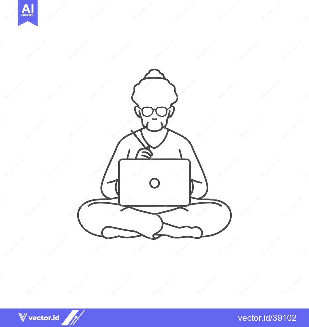 Premium Vector dari Elderly Woman in Glasses Using Laptop While Seated in Lotus Position