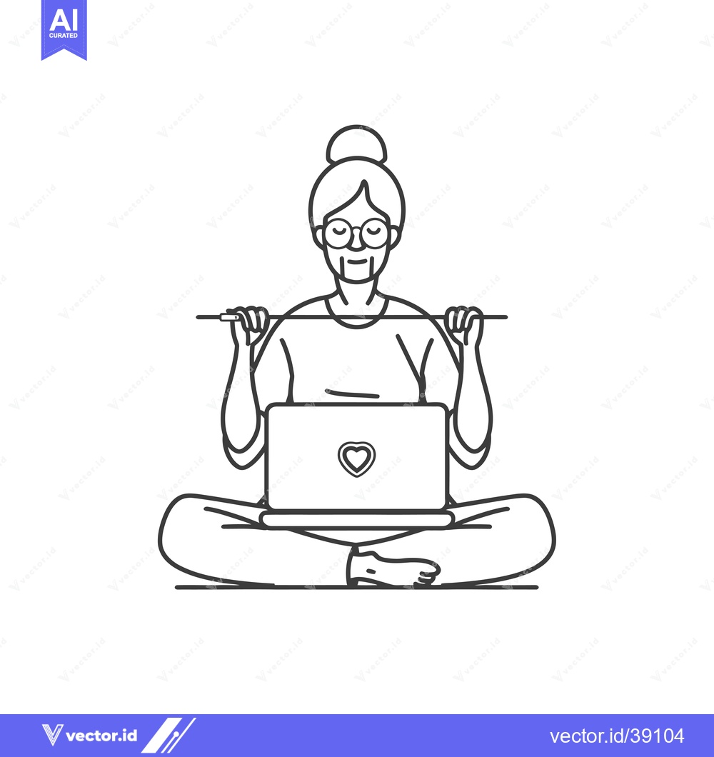 Premium Vector dari Elderly Woman in Lotus Pose Using Laptop with Heart Icon