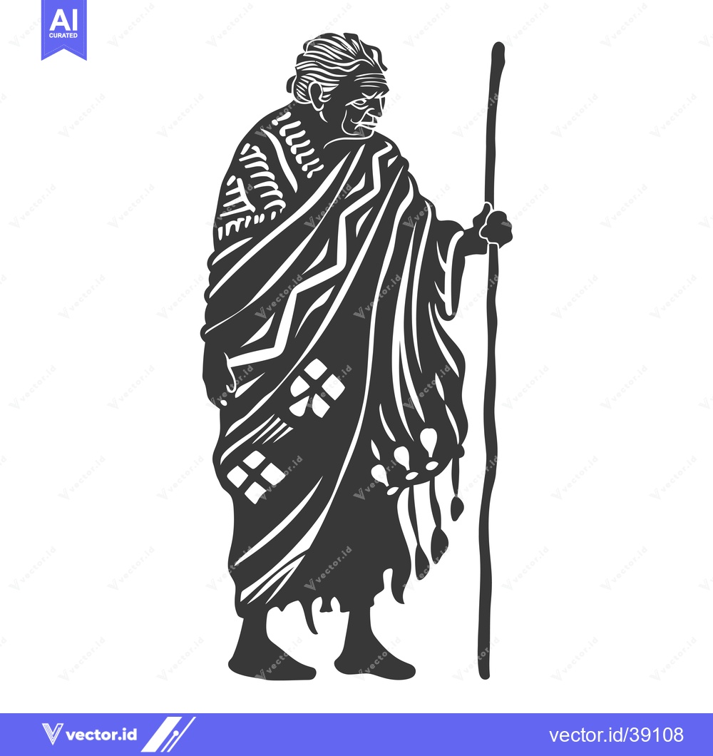 Premium Vector of Elderly Woman in Traditional Clothing Holding a Staff