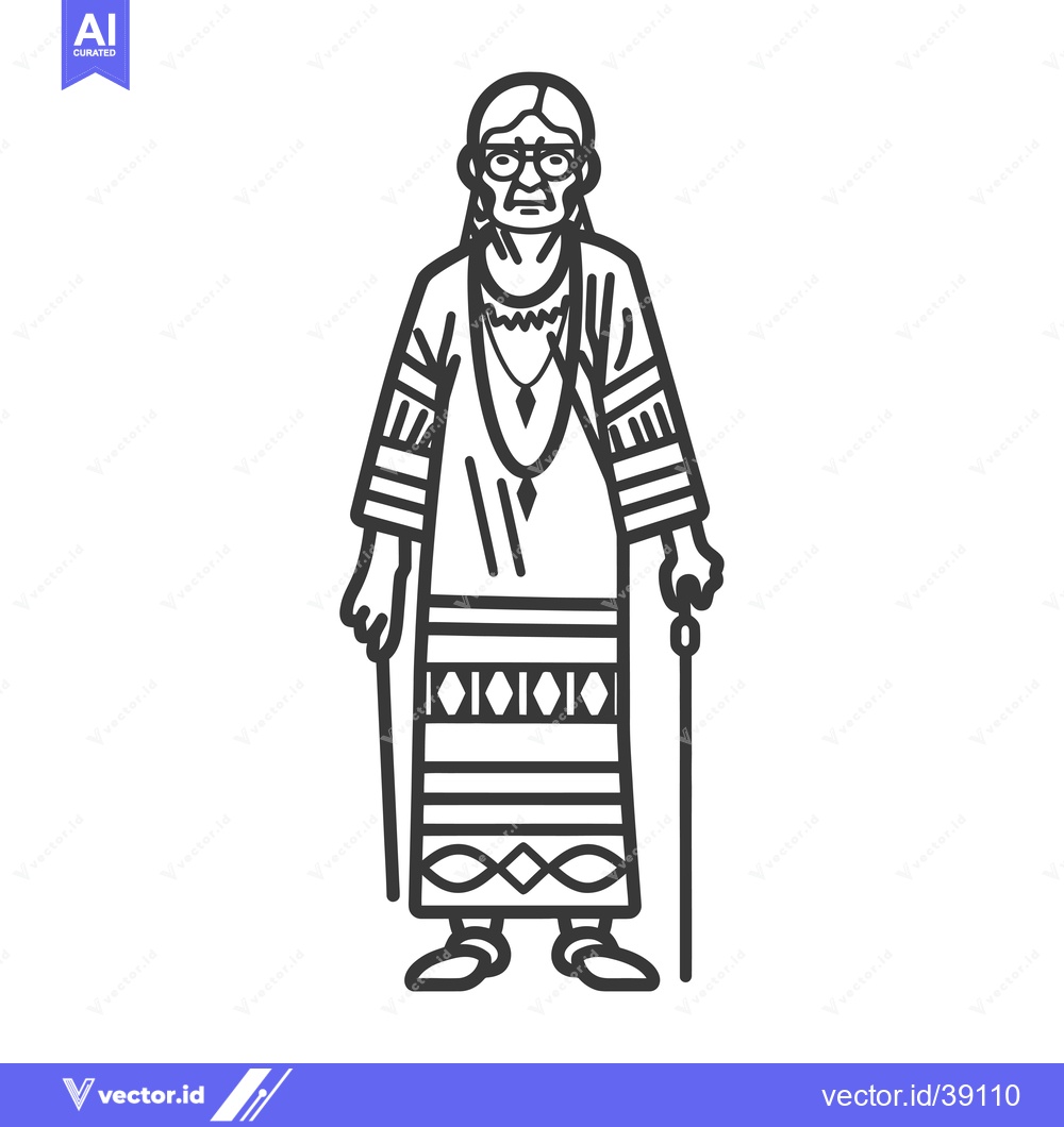 Premium Vector of Elderly Woman in Traditional Clothing with Walking Stick