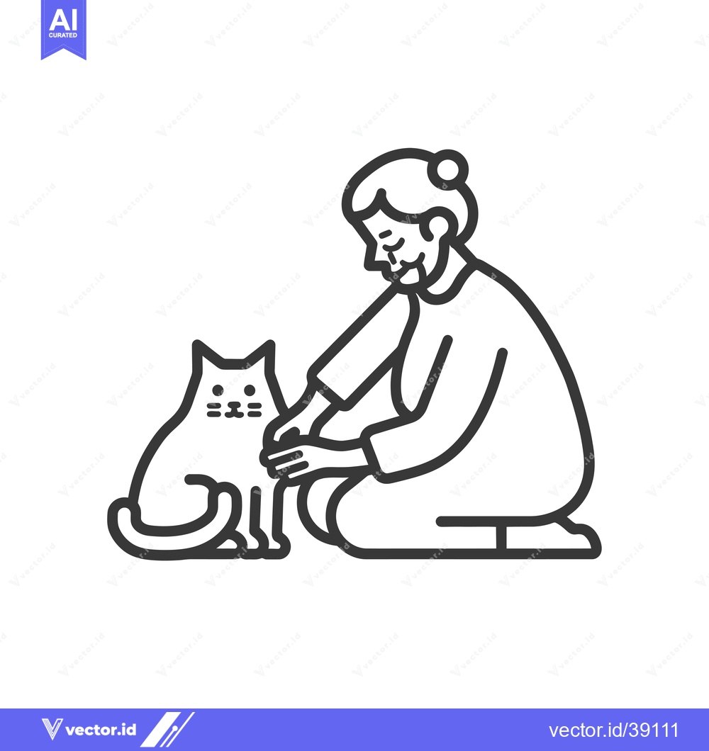 Premium Vector dari Elderly Woman Kneeling and Petting a Cat