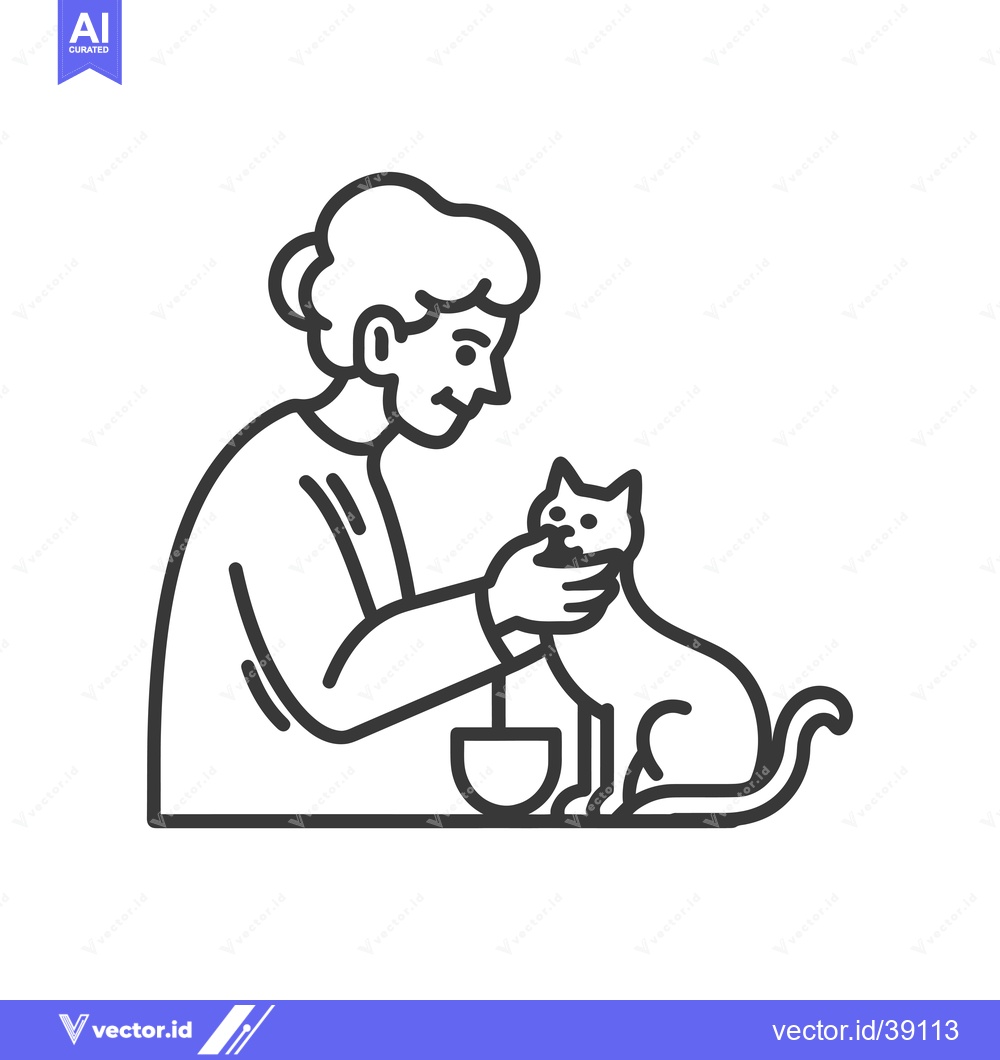Premium Vector of Elderly Woman Petting a Cat with a Bowl of Food in the Foreground