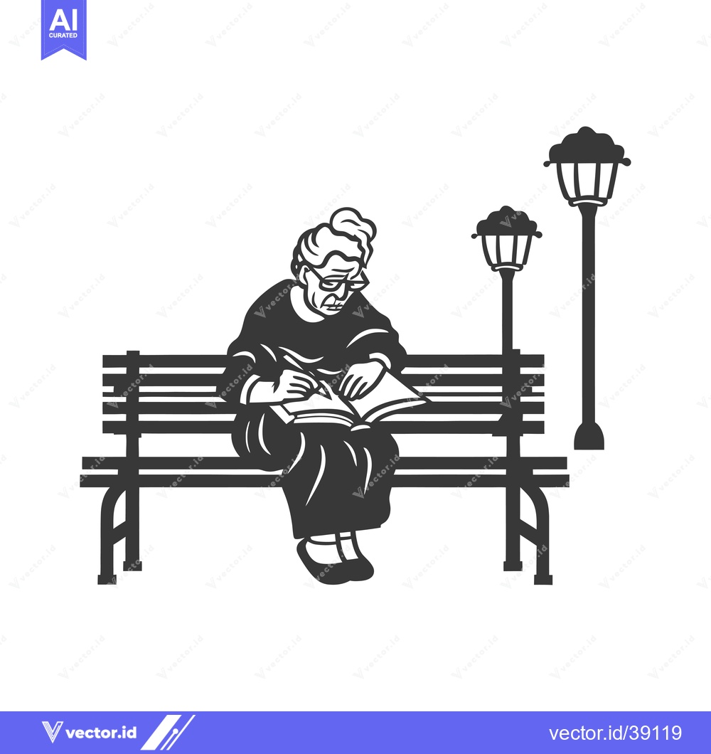 Premium Vector of Elderly Woman Reading a Book on a Bench Under Streetlights