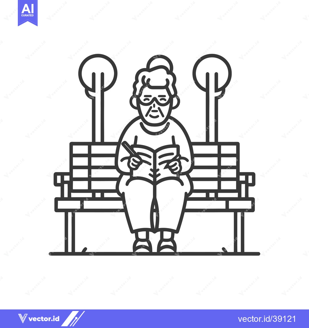 Premium Vector of Elderly Woman Reading on a Bench in a Park