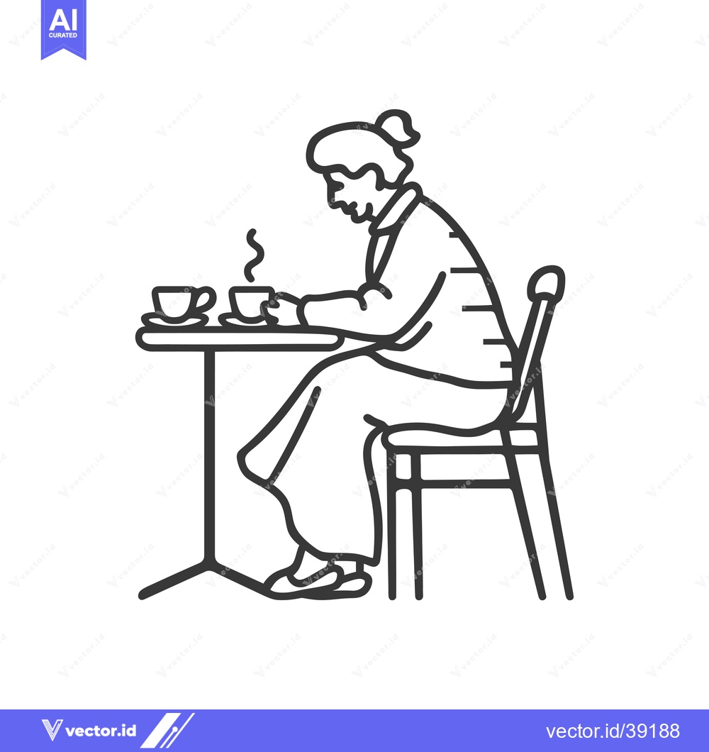 Premium Vector dari Elderly Woman Sitting at a Table with a Cup of Coffee