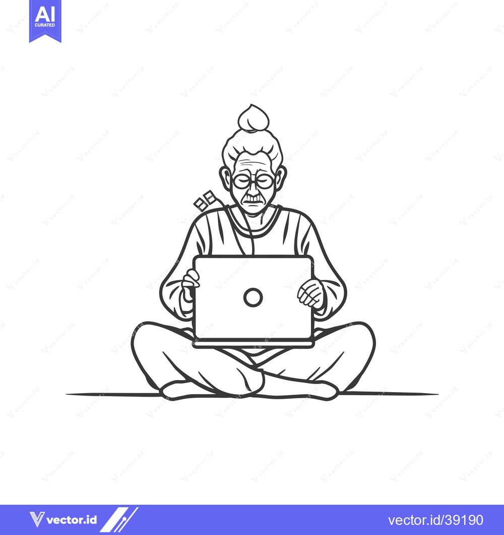 Premium Vector dari Elderly Woman Sitting Cross-legged Using a Laptop