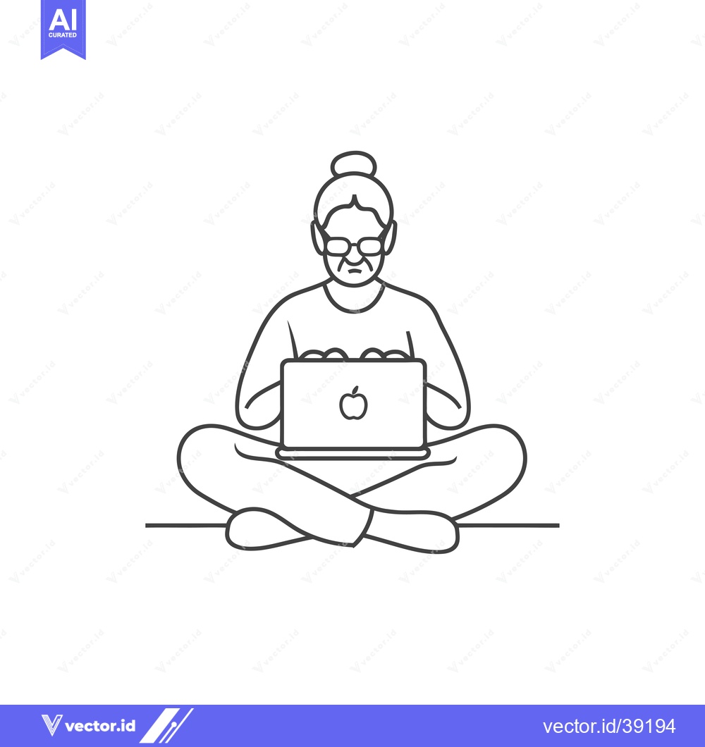 Premium Vector of Elderly Woman Sitting in Lotus Pose Using a Laptop