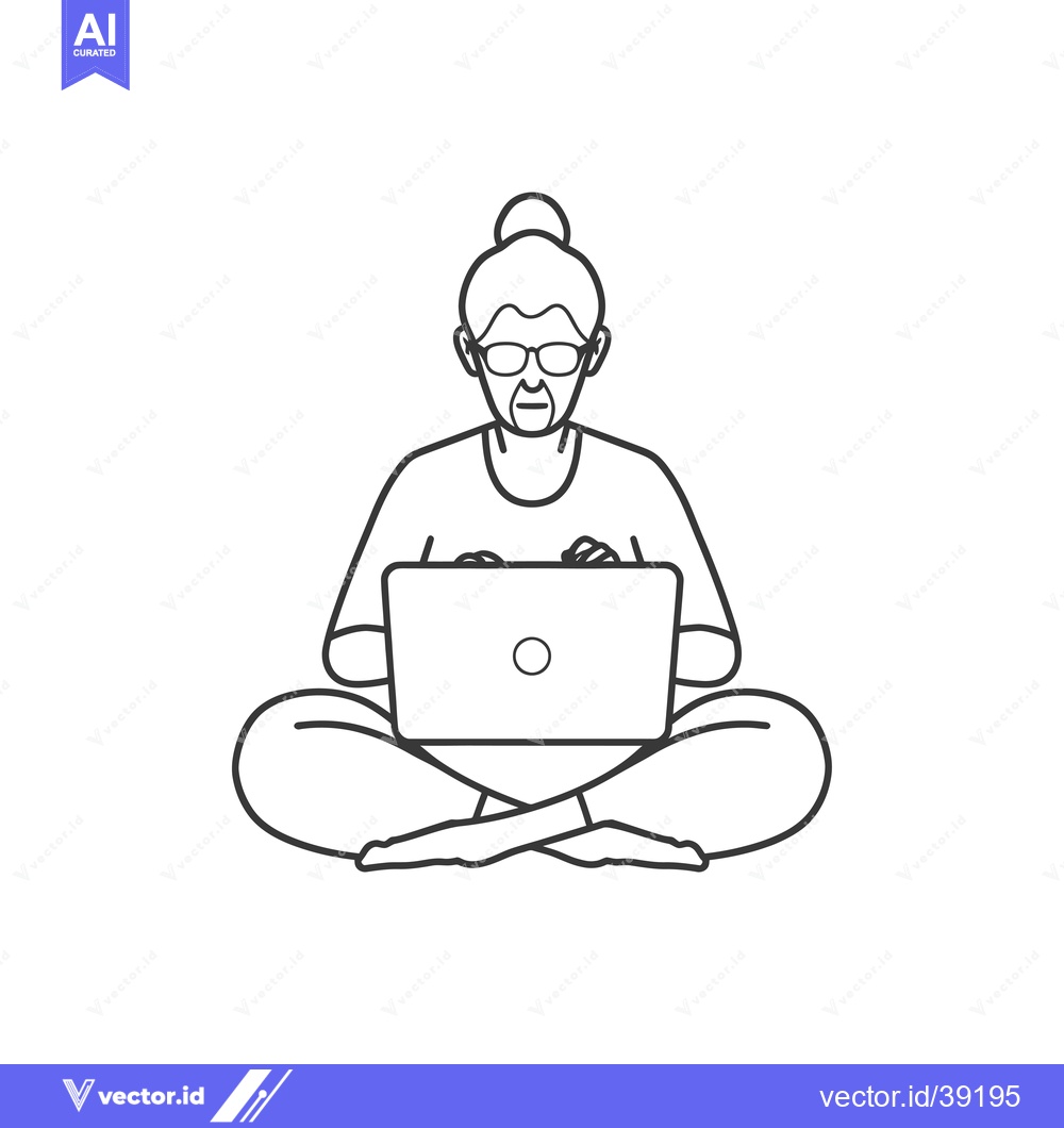Premium Vector of Elderly Woman Sitting in Lotus Position Using Laptop
