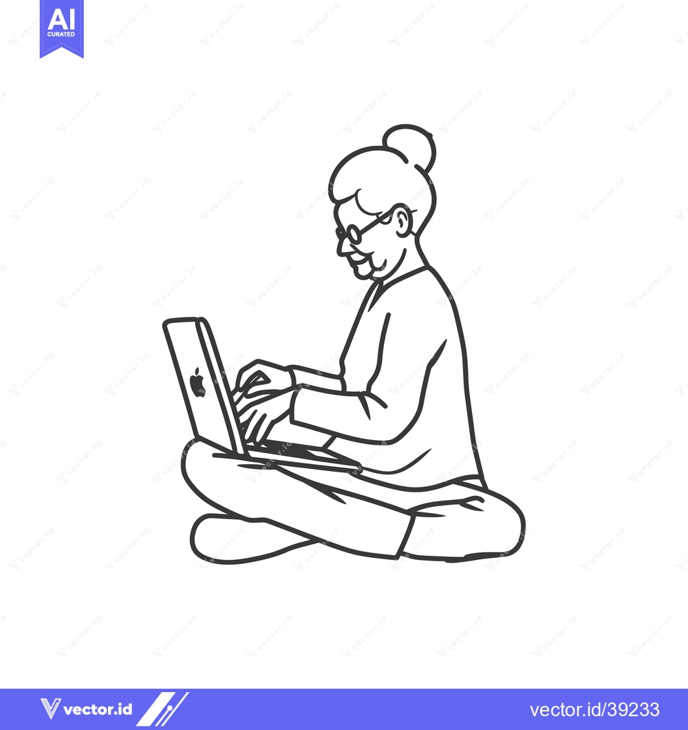 Premium Vector of Elderly Woman Using a Laptop Computer While Sitting Cross-legged