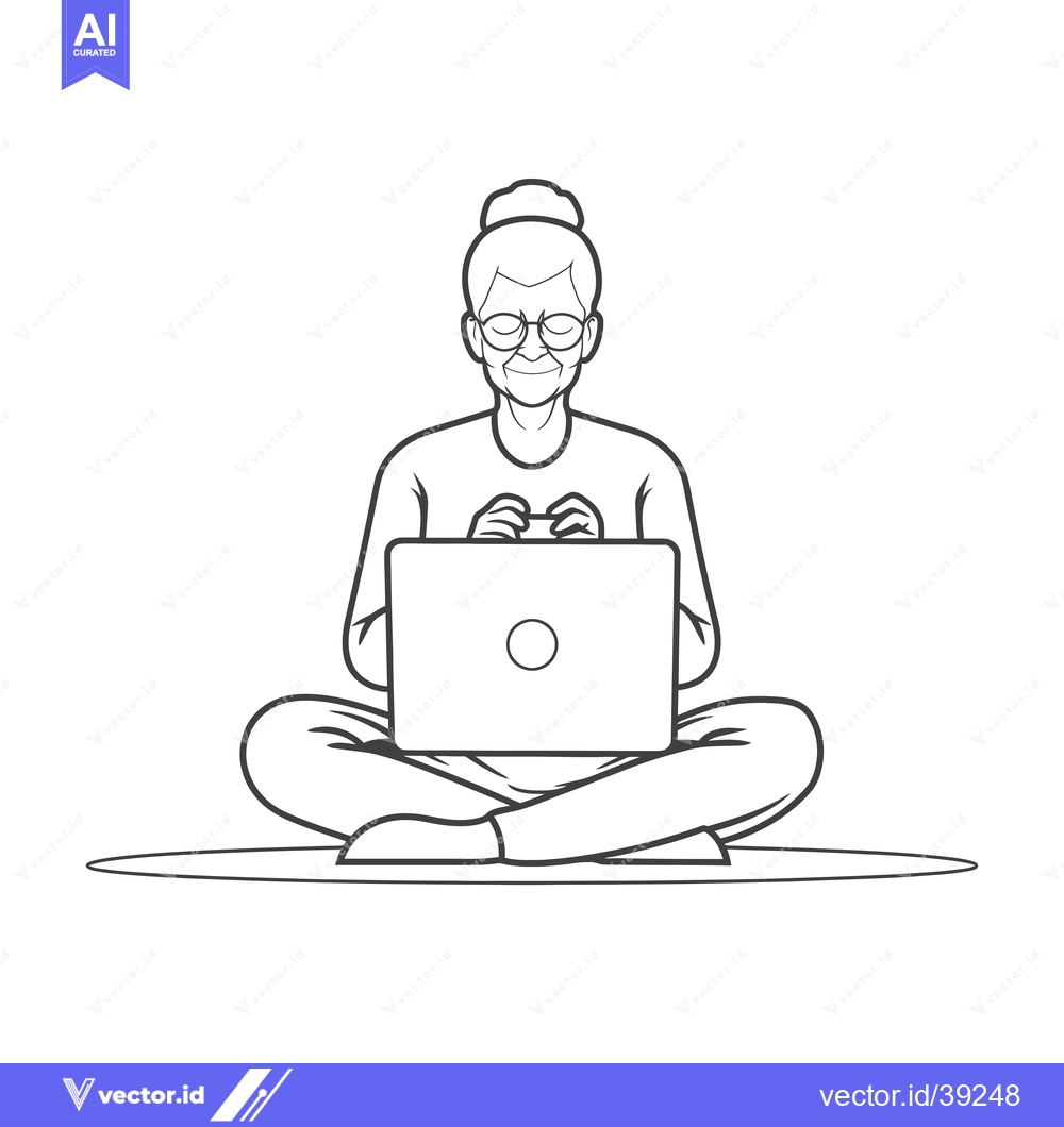 Premium Vector dari Elderly Woman Using Laptop While Sitting in a Cross-Legged Position