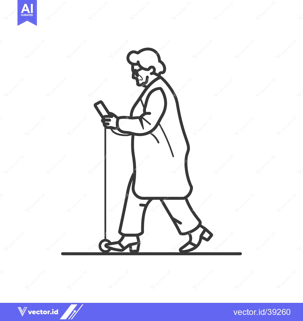 Premium Vector dari Elderly Woman Walking with a Cane and Looking at a Phone