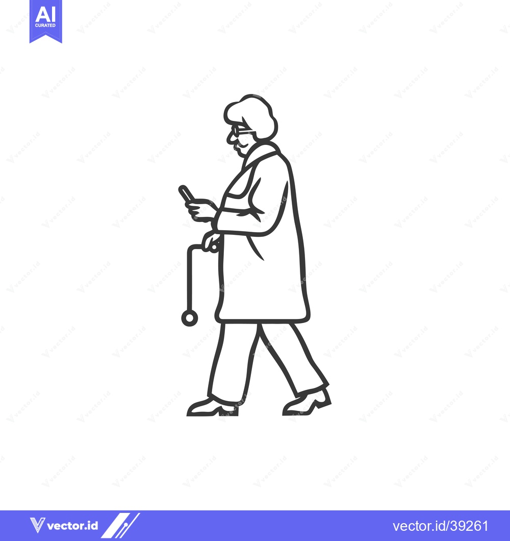 Premium Vector dari Elderly woman walking with a cane and looking at a phone