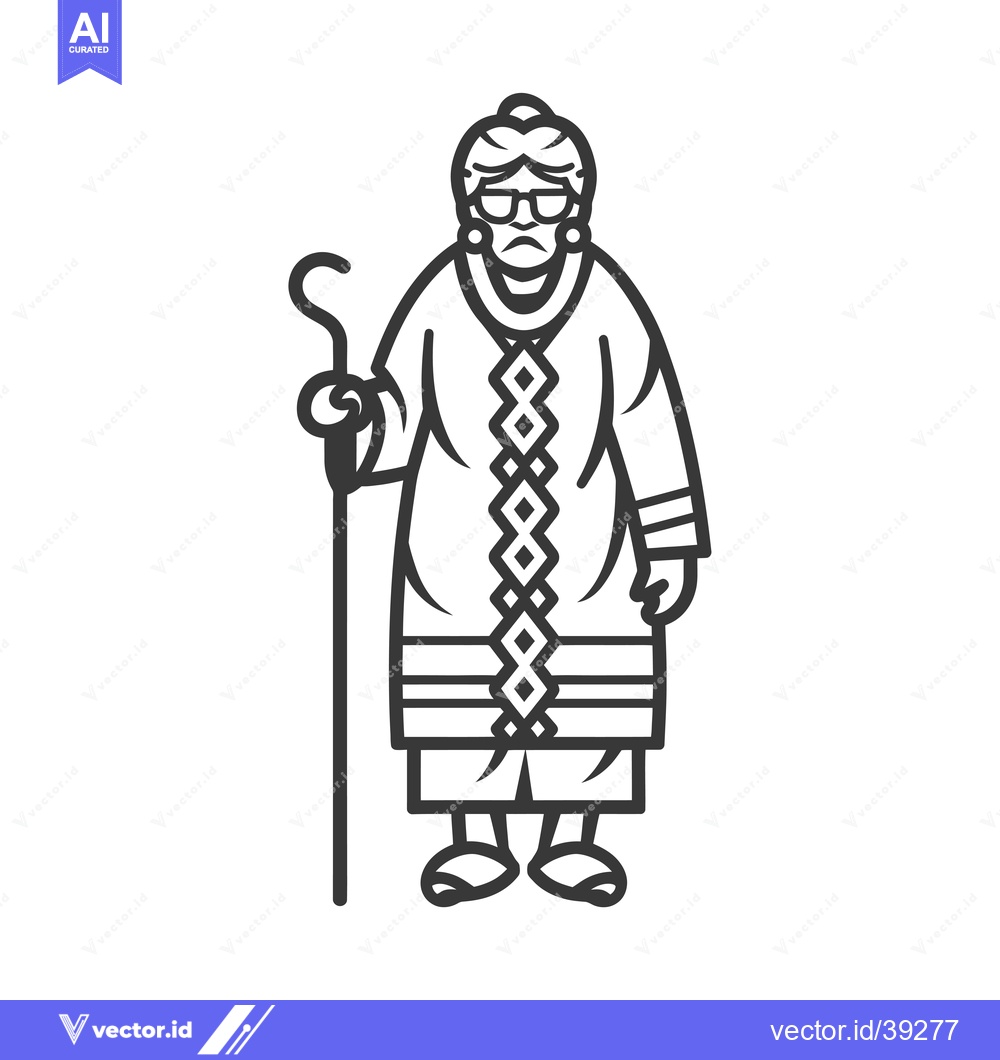 Premium Vector of Elderly Woman with a Cane and a Traditional Long-Sleeved Garment