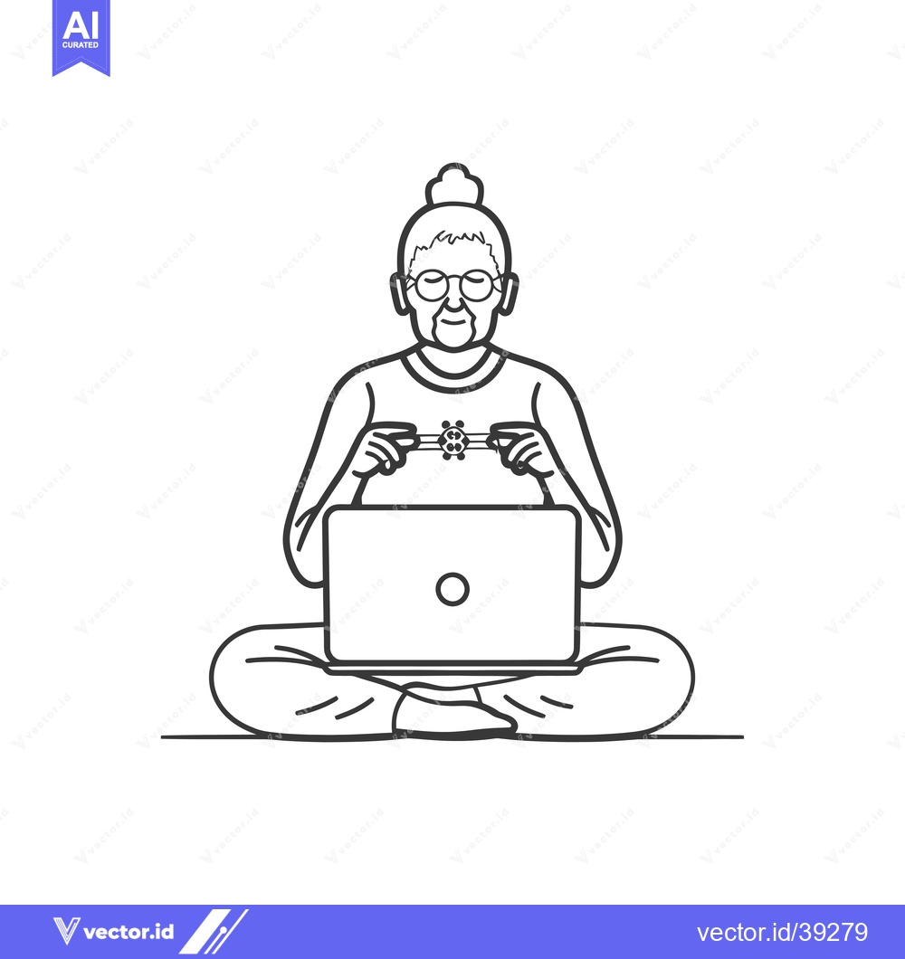Premium Vector dari Elderly Woman with Bun Sitting on Floor Using Laptop