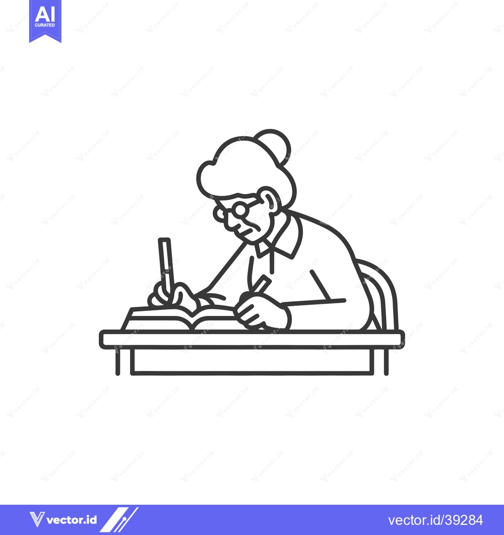 Premium Vector of Elderly Woman with Glasses Writing at a Desk