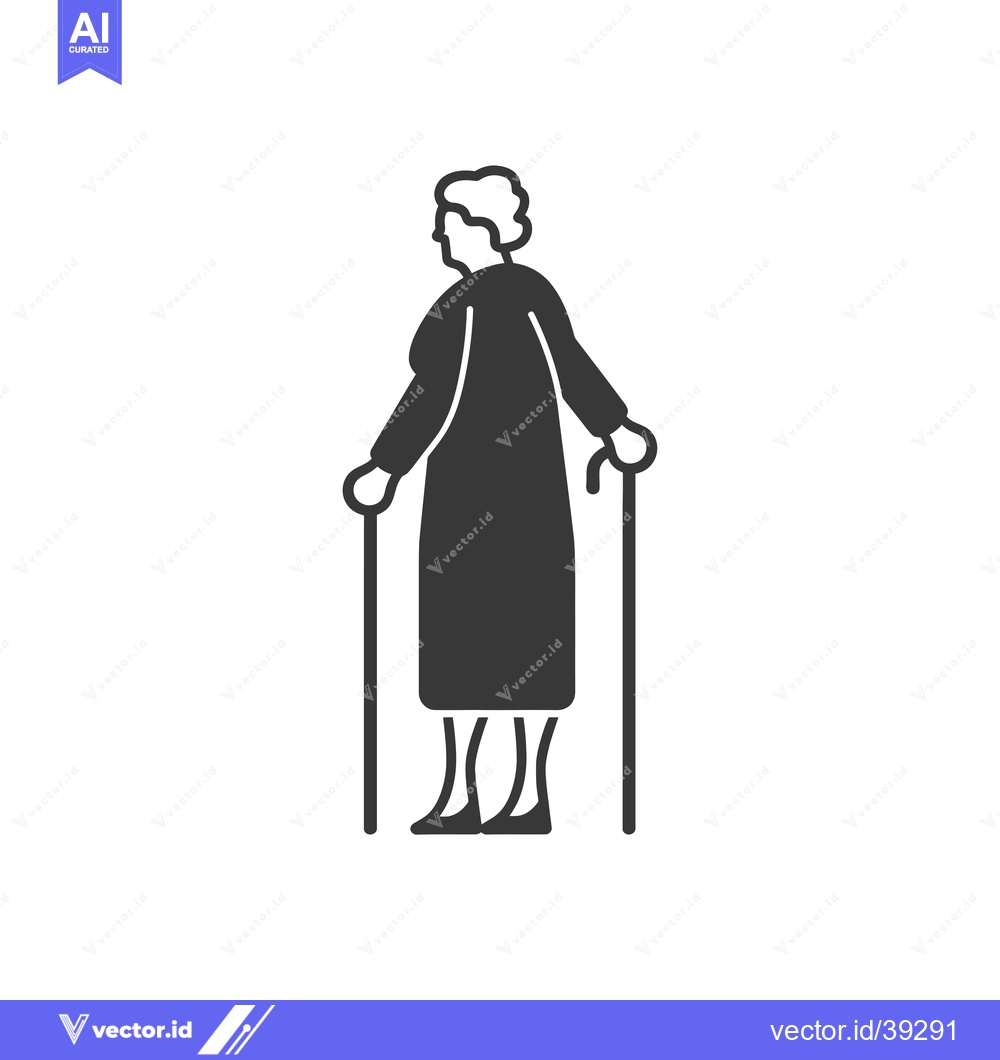Premium Vector of Elderly woman with walking stick facing away from viewer