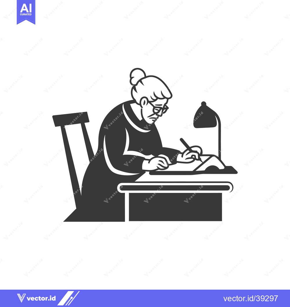 Premium Vector of Elderly Woman Writing at Desk with Lamp