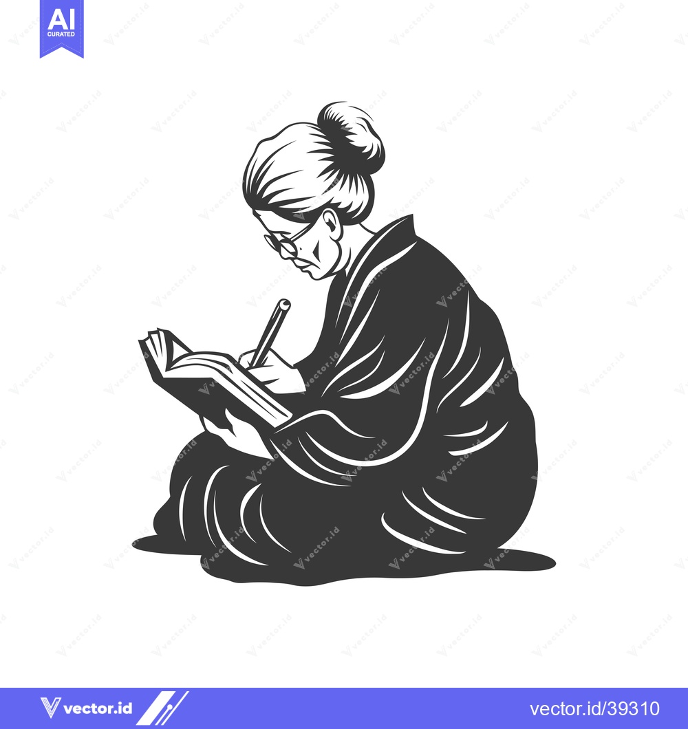 Premium Vector of Elderly Woman Writing in a Book with a Pencil