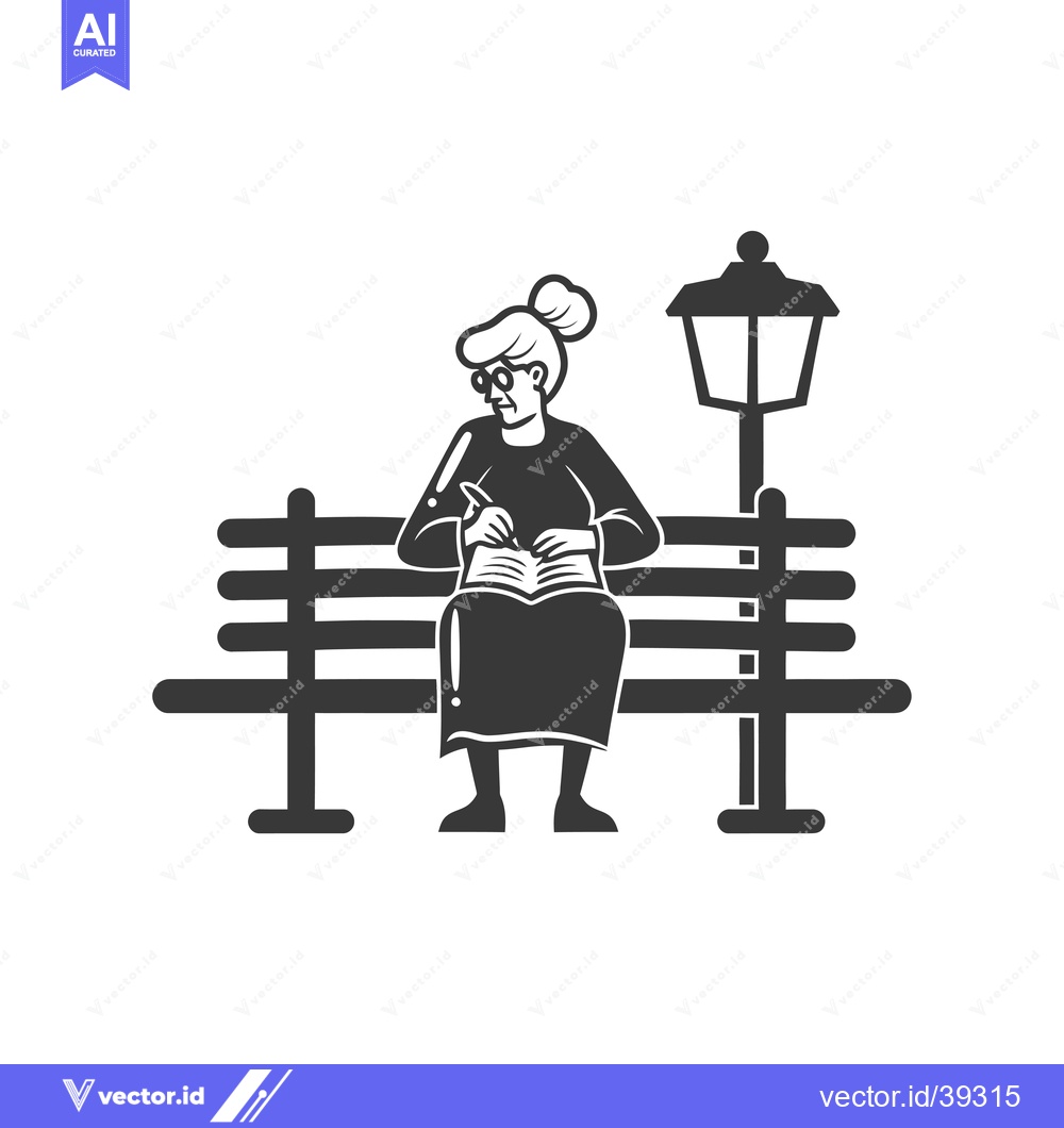 Premium Vector dari Elderly Woman Writing in a Notebook on a Bench Under a Lamppost