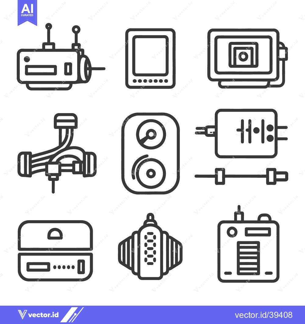 Premium Vector of Nine schematic electronic icons depicting various technological compon