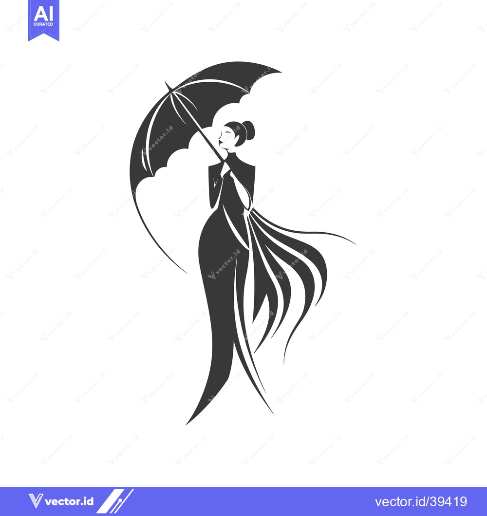 Premium Vector of Elegant Woman Holding an Umbrella with Flowing Dress