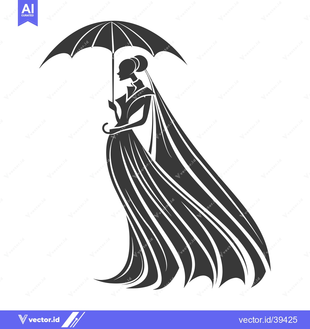Premium Vector dari Elegant Woman in a Dress with an Umbrella and Flowing Veil