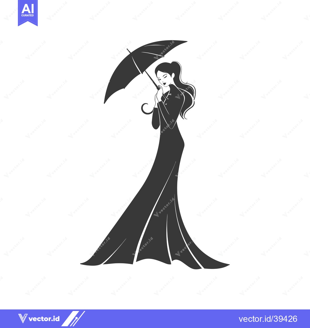 Premium Vector of Elegant Woman in a Long Dress Holding an Umbrella