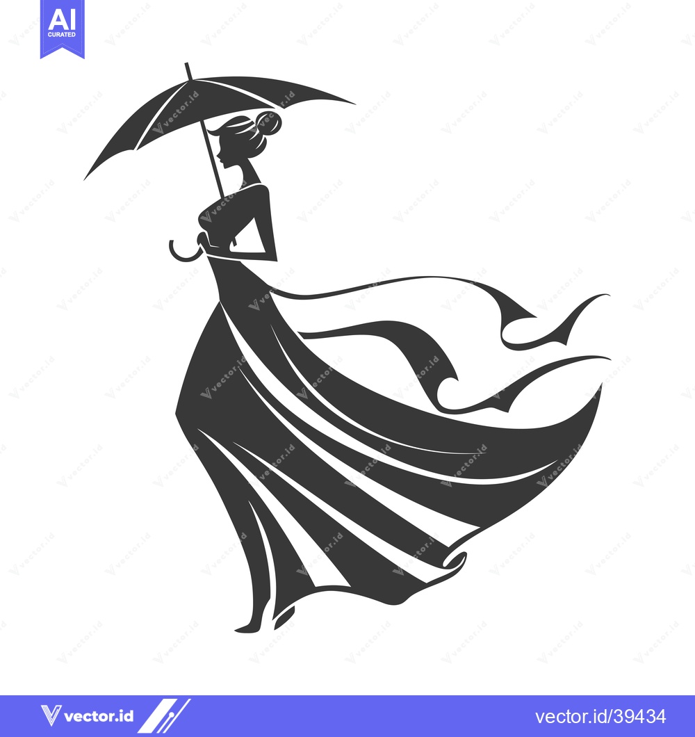 Premium Vector dari Elegant Woman in Flowing Dress Holding an Umbrella