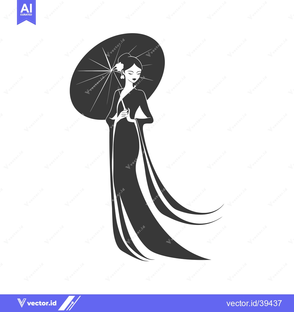 Premium Vector of Elegant Woman in Traditional Dress Holding an Umbrella