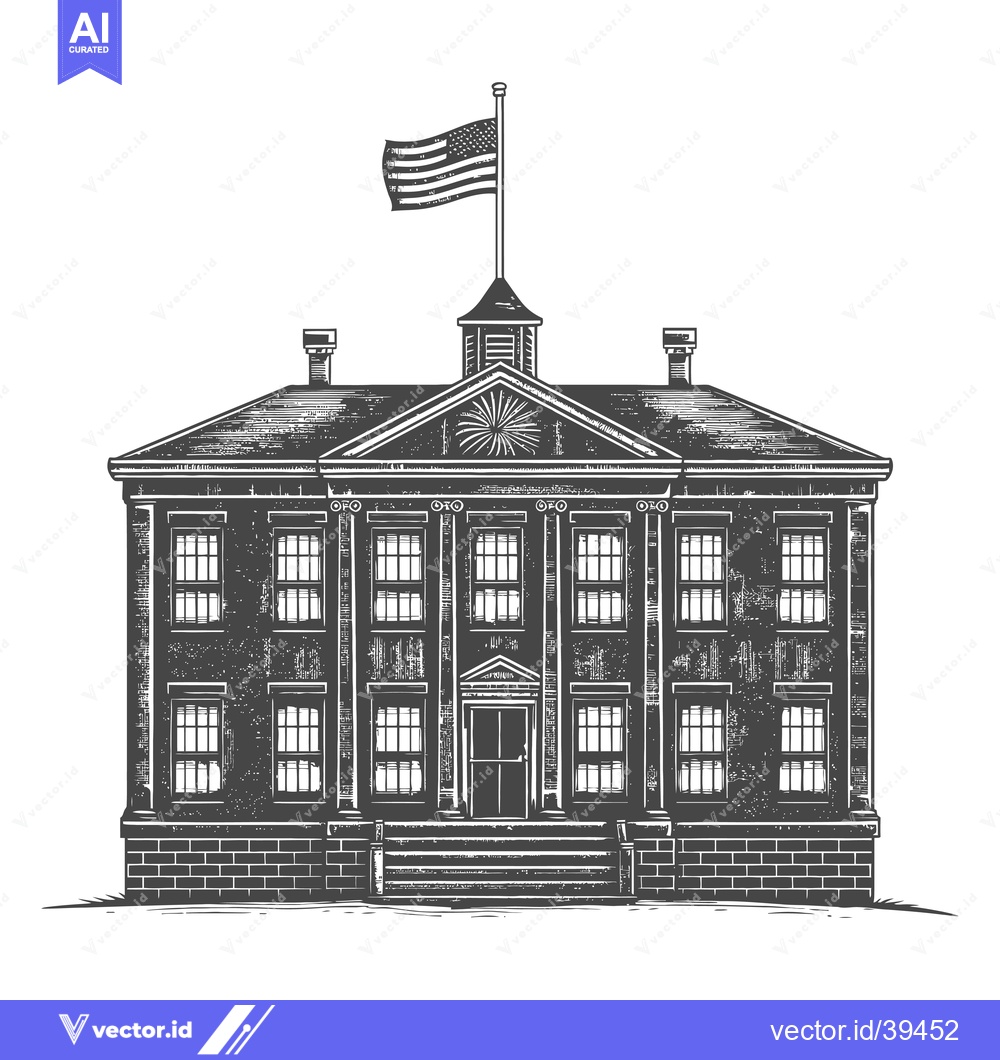 Premium Vector dari American Flag Flies Above Grand Brick School Building