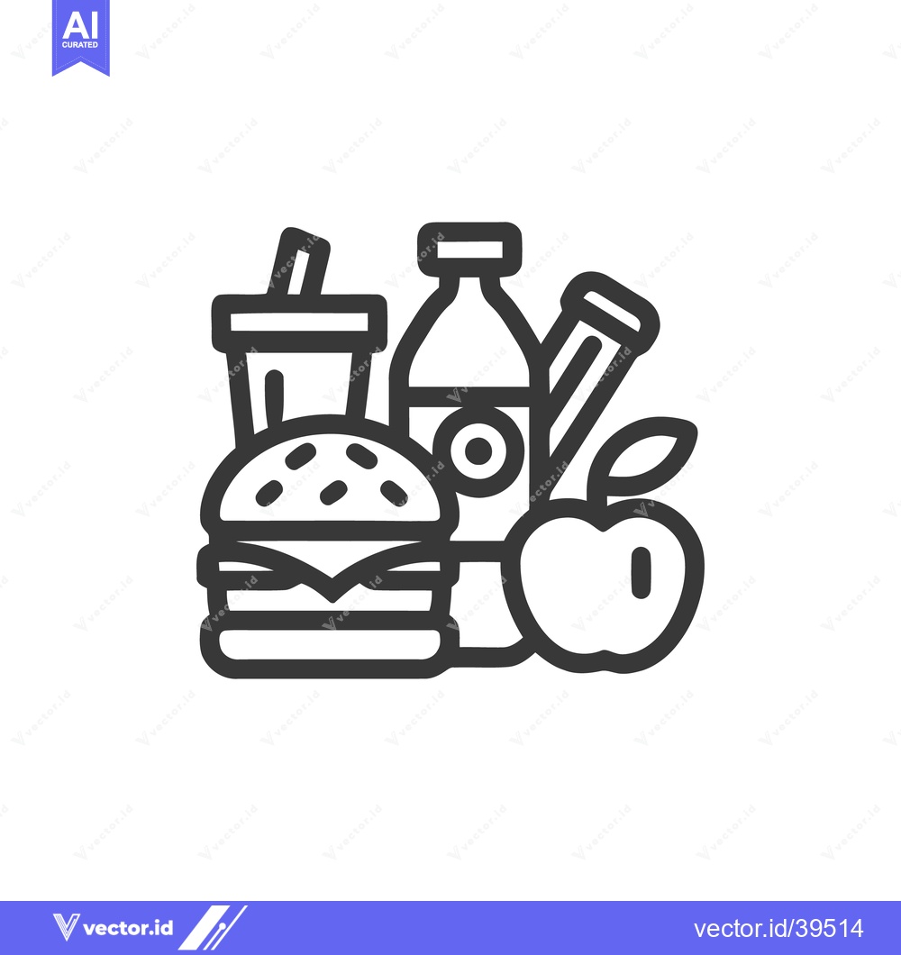 Premium Vector dari Bold Line Art: Classic Lunchbox Meal with Burger, Drink, and Apple