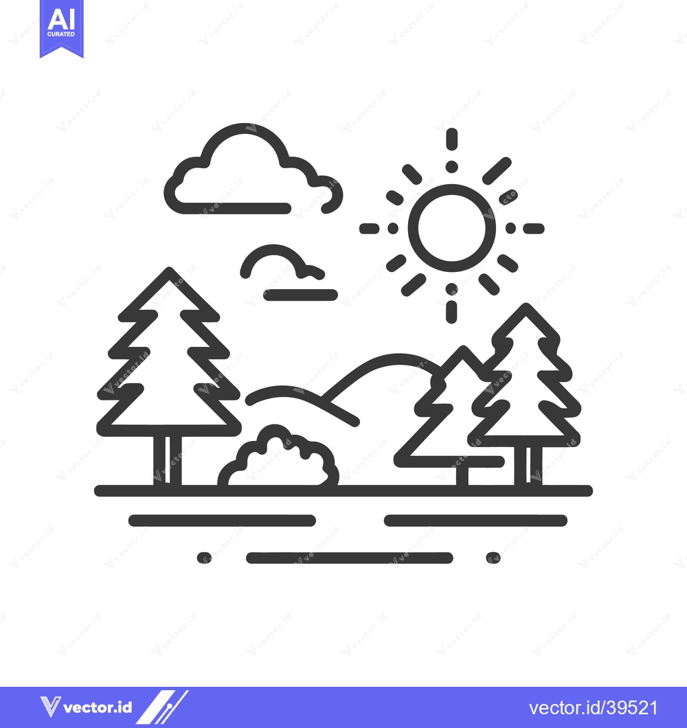 Premium Vector dari Minimalist Forest Landscape Icon with Sun and Clouds, Line Art