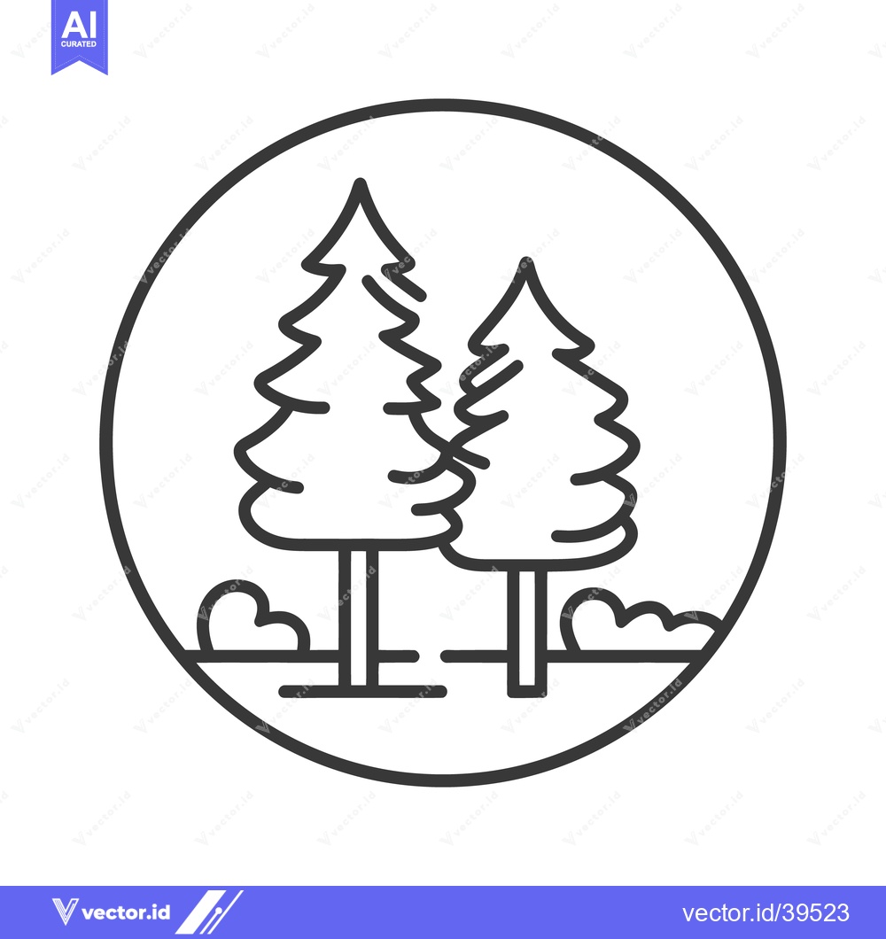 Premium Vector dari Minimalist Forest Icon: Two Pine Trees and Bushes in Circle Frame