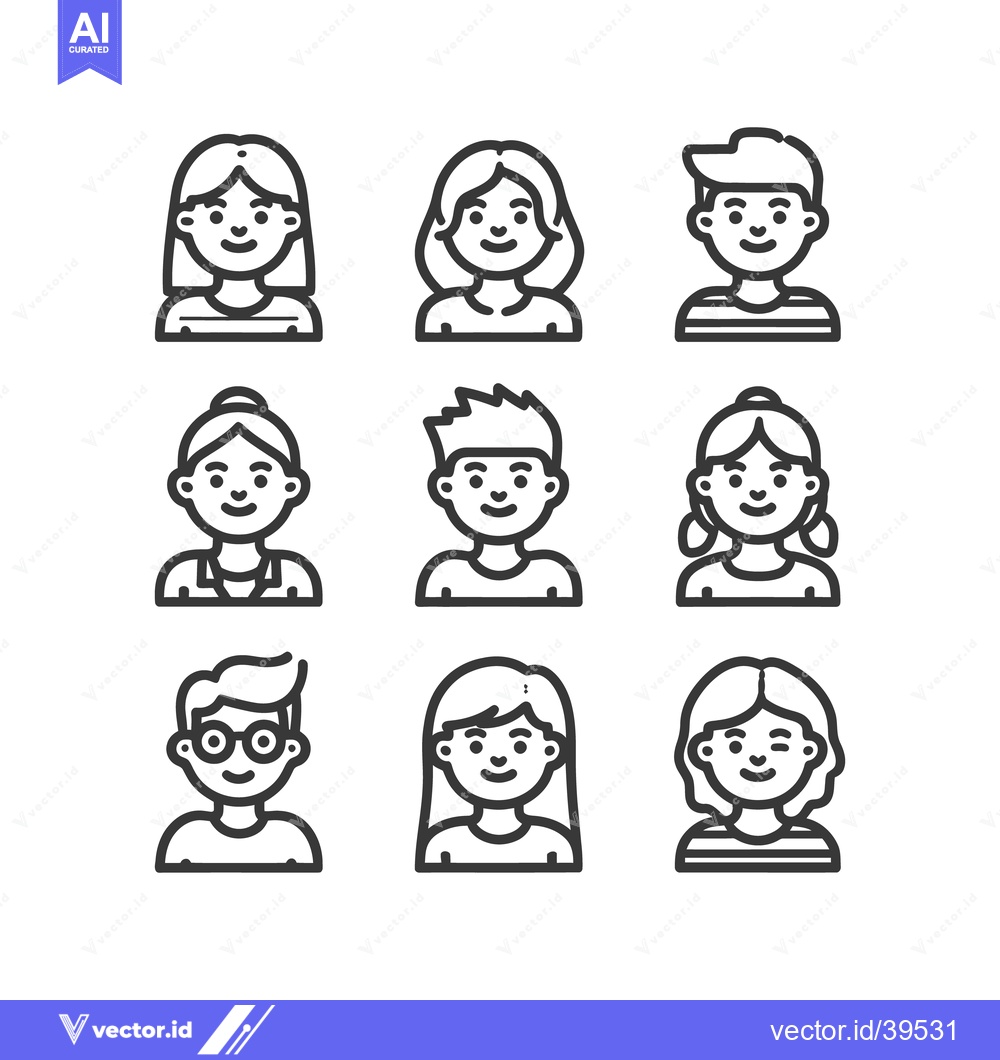 Premium Vector of Diverse People Icons: Minimalist Black Line Art Portraits on White Bac