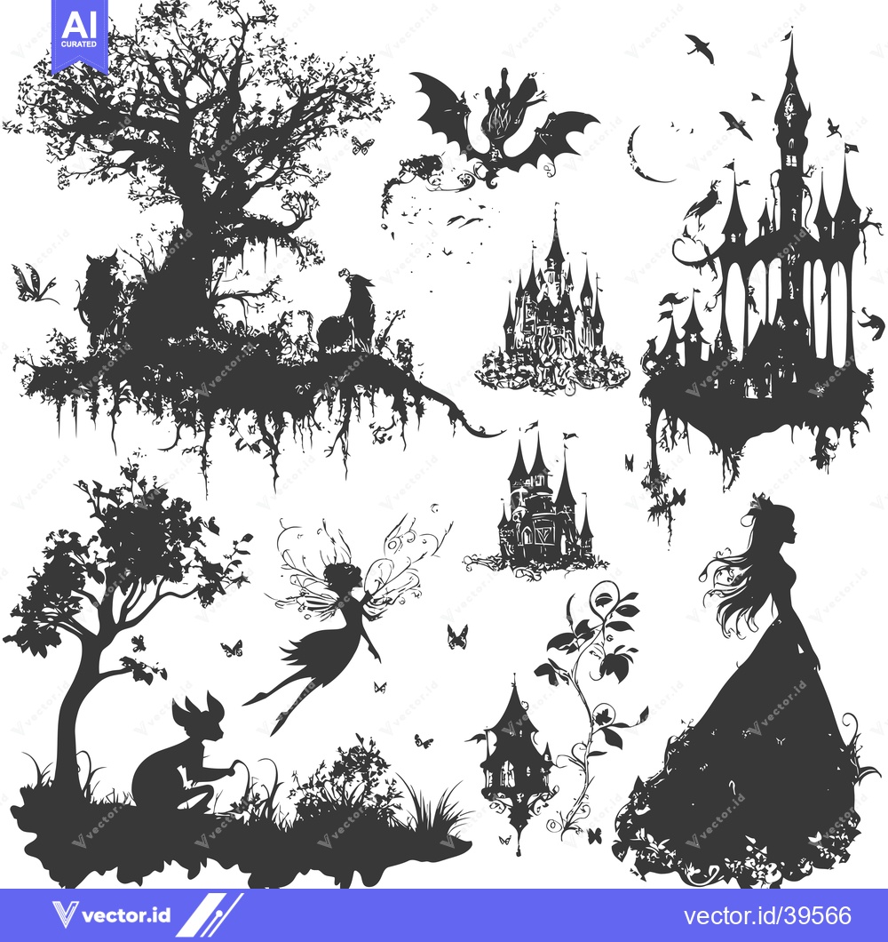 Premium Vector of Enchanting Silhouettes of a Fantasy World with Castles, Fairies, and C