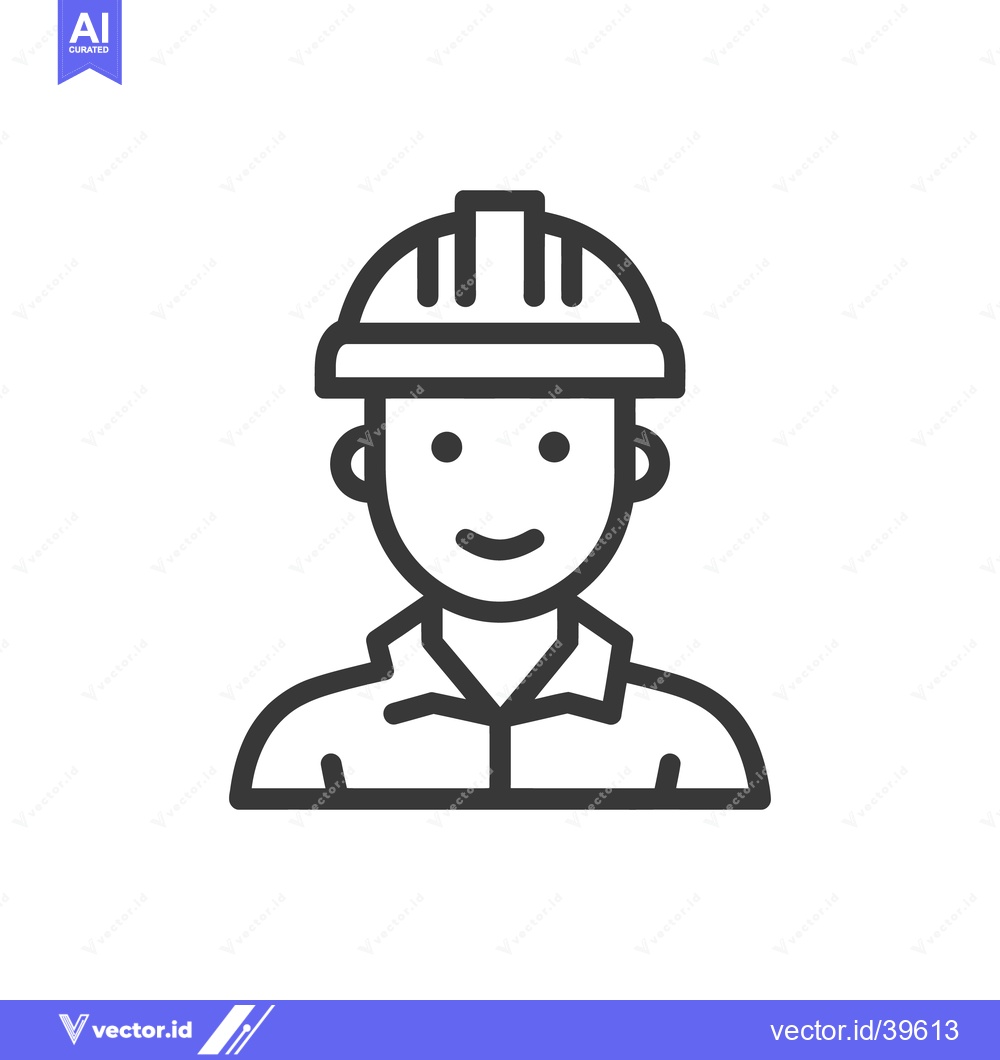 Premium Vector of Smiling Construction Worker Icon with Hard Hat and Uniform, Line Art
