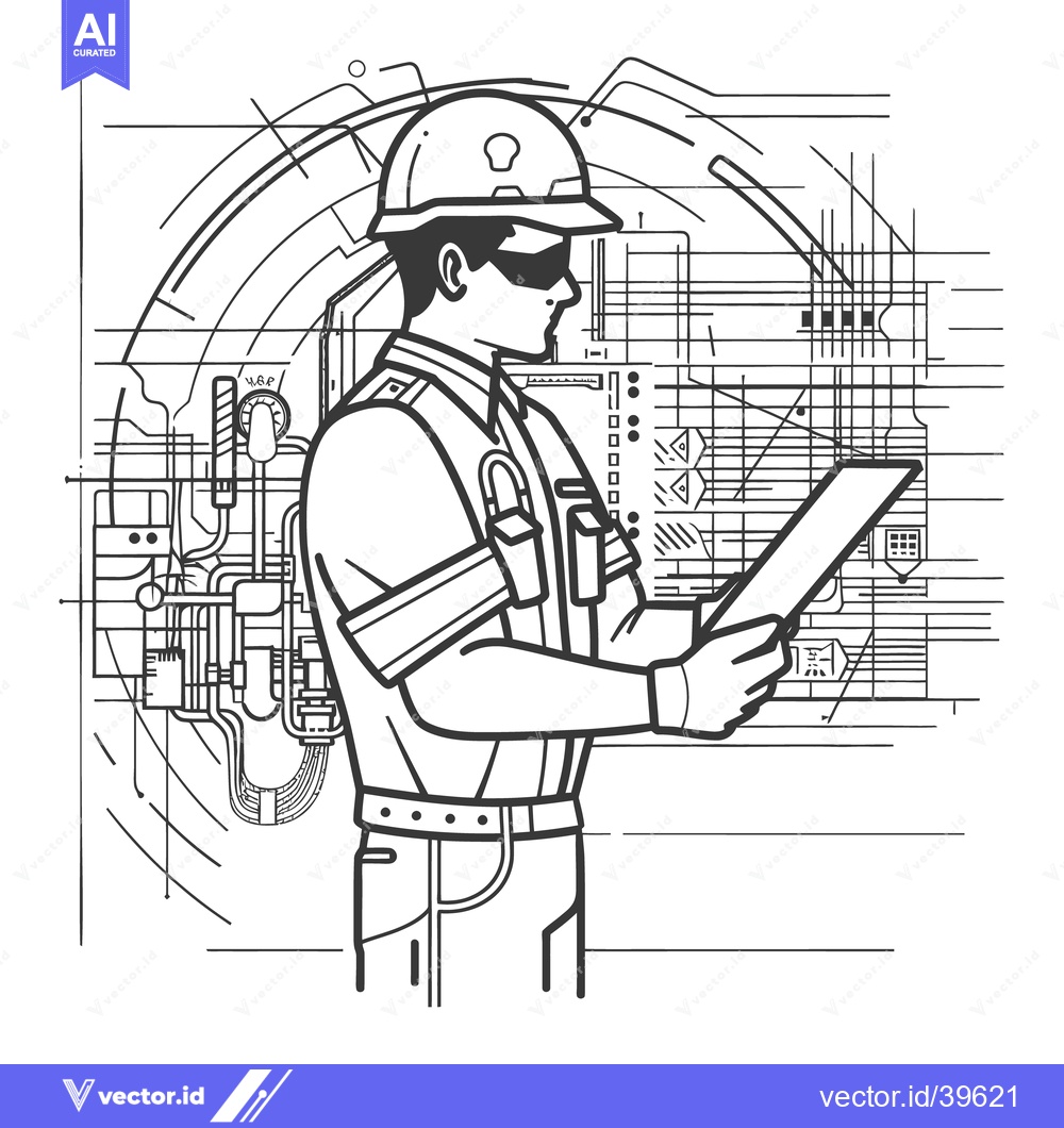 Premium Vector dari A technician wearing a helmet studies a plan on a tablet device